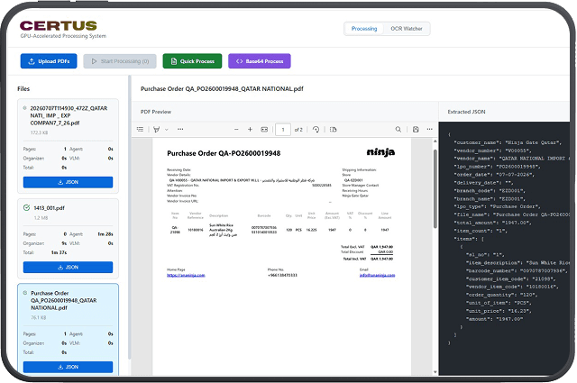 Certus information processing workspace showing a purchase order alongside its extracted JSON