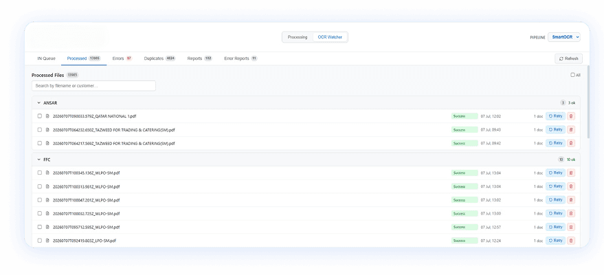 Certus dashboard listing processed files grouped by company, each row showing its status and time